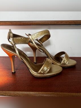Nina Shoes Gold Sequin Ankle-Strap High Heel Sandals